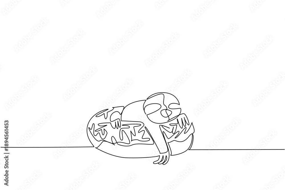 Fototapeta premium Single line drawing of adored sloth for pastry food concept shows cute lazy forest animal lying inside glazed donut. Simple sketch fits nursery poster purpose with favorite slow wild mammal pet animal