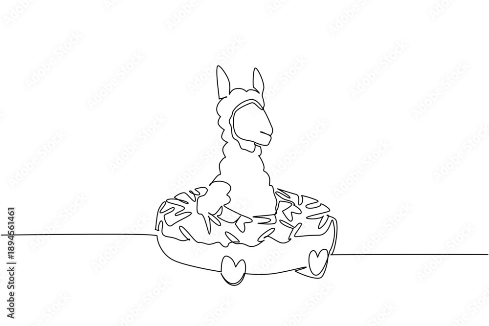 Fototapeta premium Single line drawing of adorable alpaca features wild fluffy mount animal sitting inside donut for a food concept. Minimalist design represents kids stationery purpose for an international wildlife day