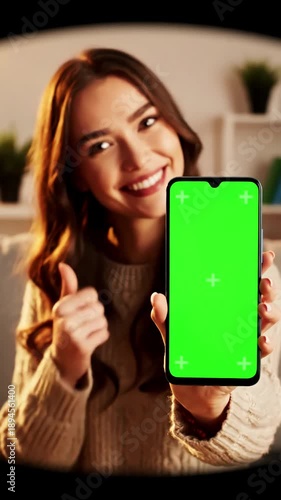 Green Screen beautiful young woman looking at camera and showing chroma key indoors pretty caucasian female holding smartphone with smiling home vertical position technology scene 2 distortion