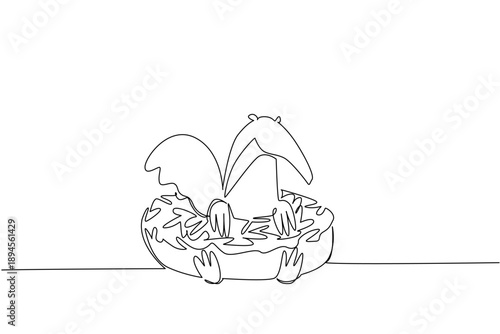 Single line drawing of adored giant anteater for pastry food concept shows playful animal lying inside donut. Simple sketch fits kids wall decor purpose for international forest wildlife day theme art
