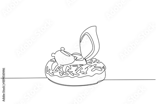 Single line drawing of fluffy tailed skunk features wild animal sitting inside glazed donut for snack food concept. Minimalist design of kids stationery purpose for rainforest wildlife day event theme