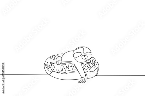 Single line drawing of adored sloth for pastry food concept shows cute lazy forest animal lying inside glazed donut. Simple sketch fits nursery poster purpose with favorite slow wild mammal pet animal