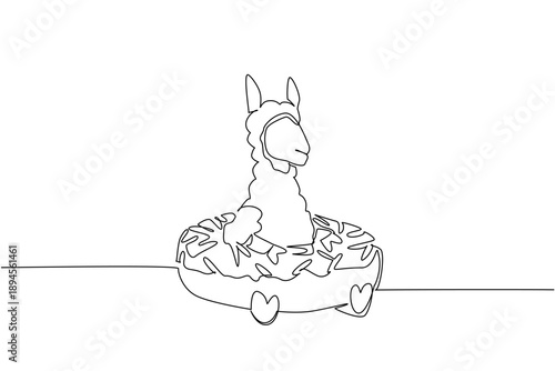 Single line drawing of adorable alpaca features wild fluffy mount animal sitting inside donut for a food concept. Minimalist design represents kids stationery purpose for an international wildlife day