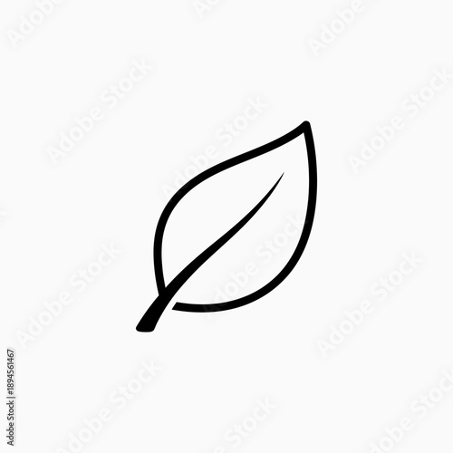 Minimalist black outline leaf icon illustration with a central vein on a white background, symbolizing nature, organic, and eco-friendly concepts.
