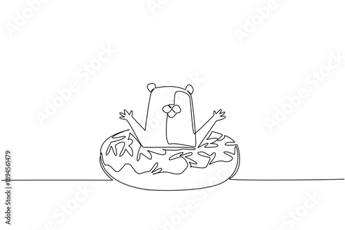 Single line drawing of adored hamster for sweet food concept shows cute furry animal sitting inside donut. Simple sketch fits coloring page purpose for international rodent pet day theme in kids art