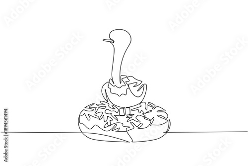 Single line draw of cute adorable ostrich feature wild bird animal sitting inside sweet donut for pastry food concept. Minimalist design for coloring page purpose for an international wildlife day art