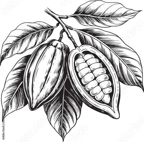 Cocoa pod botanical line illustration set. Tropical cacao fruit and leaves in hand drawn sketch style. Vector illustration.