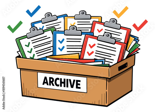 Hand drawn cartoon document set featuring colorful clipboards with records and checkmarks in an archive box for data management and task completion