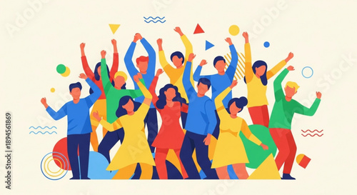 Diverse Group of People Celebrating with Raised Hands in Colorful Clothing