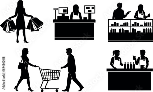 Retail People Silhouettes Vector Collection of Shoppers, Cashiers, Supermarket Employees, and Service Staff Isolated on White Background.