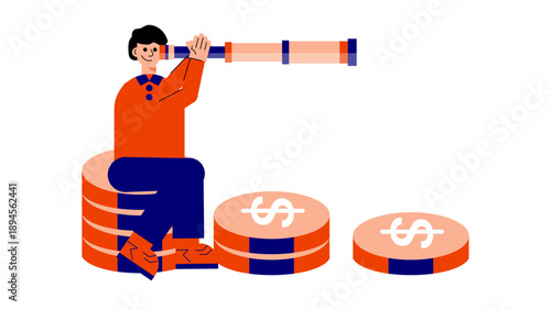Professional character sitting on a stack of coins using a telescope to look for future investment opportunities