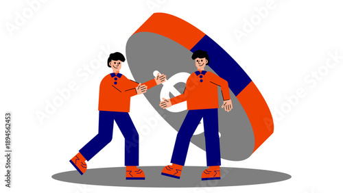 Two men trying to hold up a massive falling coin representing the pressure of debt or economic crisis