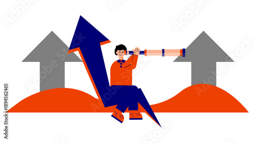 Businessman sitting on a growing upward arrow while looking through a telescope to find new opportunities and future success