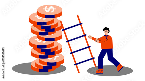 Businessman using a ladder to manage and reach the top of a giant stack of dollar coins representing financial growth and investment