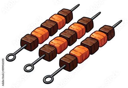 Hand drawn line art kebab set featuring grilled meat and vegetable pieces on skewers for summer cooking