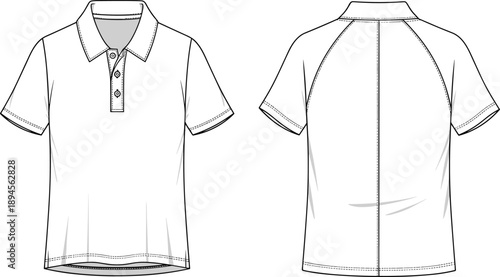 Polo shirt front and back technical flat drawing, apparel fashion design template, casual menswear garment mockup, vector illustration