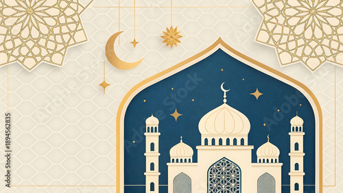 Beautiful islamic mosque with crescent moon and stars for ramadan