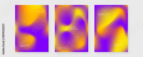 Set of three abstract vertical posters featuring bold purple and yellow fluid mesh gradients with typography