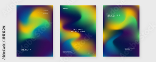Bundle of three trippy neon psychedelic posters with dark backgrounds and glowing yellow green and blue fluid shapes for music festivals and creative events