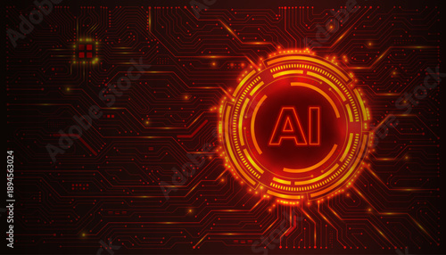 Glowing AI futuristic circuit portal with neon HUD elements and digital tech lines in Red cyber background design. High tech circuit board connection system concept.