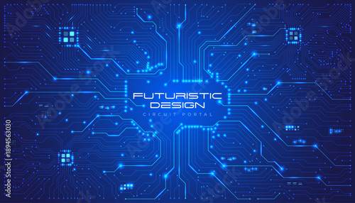 Futuristic digital circuit board design with glowing blue lines and abstract technological elements