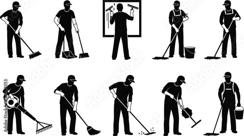 Professional cleaning workers silhouettes set, janitors using mop broom squeegee and tools, commercial cleaning service illustration isolated on white background