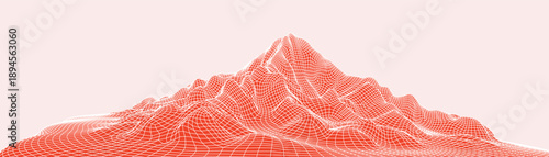 Abstract 3D wireframe mountain landscape and digital terrain mesh. Futuristic technology grid background for big data visualization, cyber space, and topographic mapping concept.