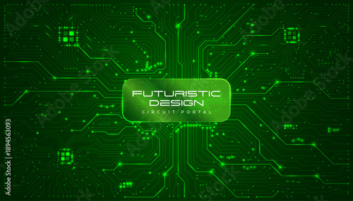 Futuristic Digital Circuit Board Design with Glowing Green Lines and Abstract Technological Elements