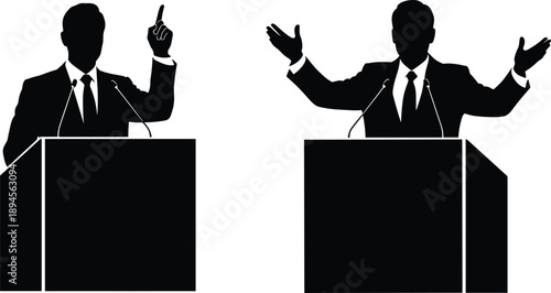 Public speaker at podium silhouettes, political speech and presentation gestures, leadership communication concept, black flat vector illustration