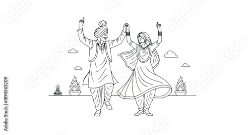 Line drawing of a man and woman dancing with raised arms, wearing traditional Indian clothing, against a simple background with pyramids and clouds.