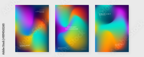 Collection of three colorful holographic mesh gradient posters with fluid liquid shapes and modern typography for creative background