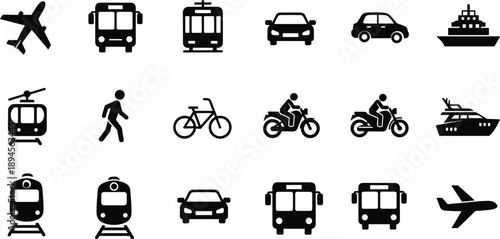 Transportation icons set featuring air land and sea travel symbols including vehicles public transit walking cycling and shipping silhouettes