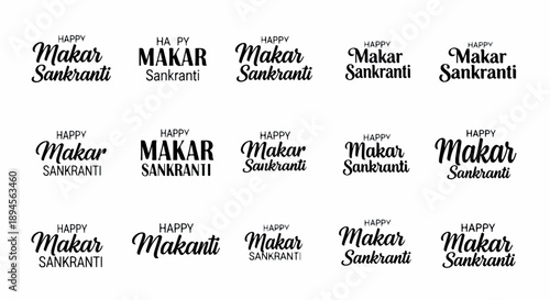 A flat lay of multiple 'Happy Makar Sankranti' greeting labels on a white background with black text in various cursive and serif fonts.