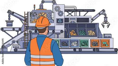 Industrial worker in safety gear observing machinery operation from behind, in an industrial setting with various equipment and controls