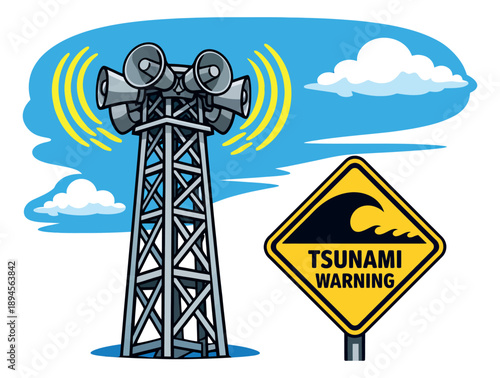 Cartoon illustration of a tsunami warning system depicting an alert loudspeaker tower and warning sign for disaster preparedness