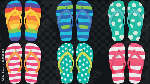 Colorful assortment of patterned flip flops on a transparent background