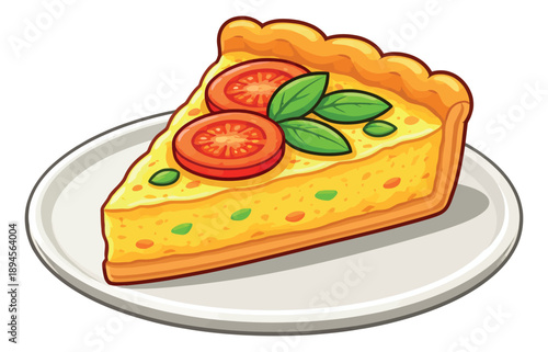 Cartoon illustration of a quiche slice depicting tomatoes and basil served on a plate for menu design
