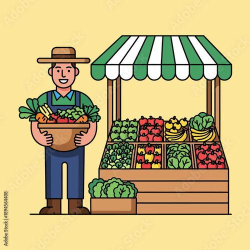 Farmer standing beside fresh produce stall.
