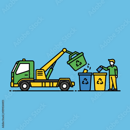 Garbage Truck Collecting Waste from Recycling Bins.