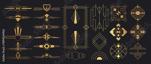Art deco geometric ornament vector set with gold line borders, frames, dividers and retro luxury elements on black background. Elegant design for invitations, logos, labels and packaging.