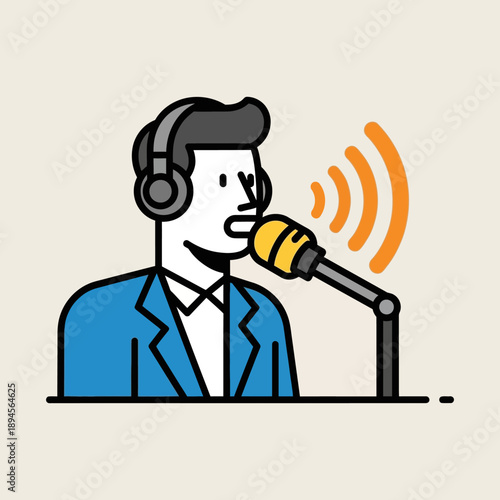 Man Broadcasting into a Microphone with Headphones.