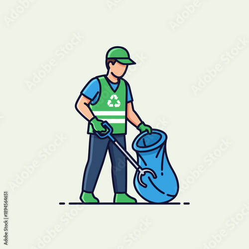 Man Collecting Trash in Green Uniform.