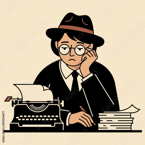 Man in hat writing on typewriter.