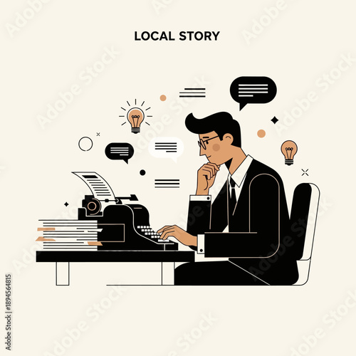 Man Writing on Typewriter at Desk.