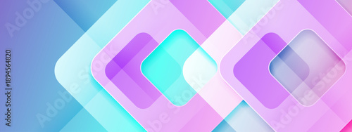 Futuristic cyan and purple abstract background with 3D layered square elements and soft shadows