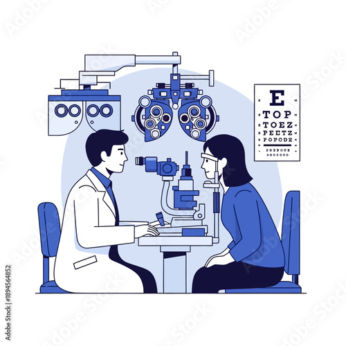 Optometrist Examining Patient with Eye Test Equipment.