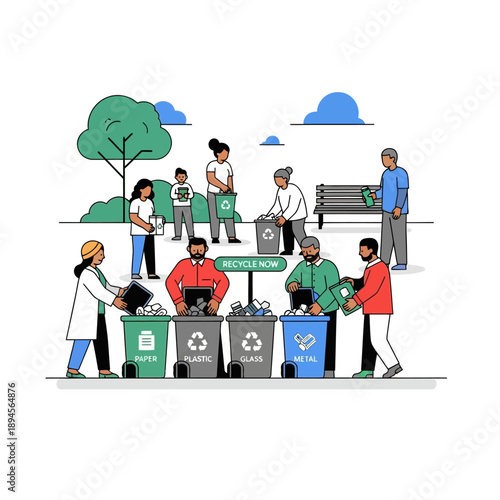 People Sorting Waste into Recycling Bins.