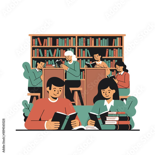 Students Reading Books in Library Setting.