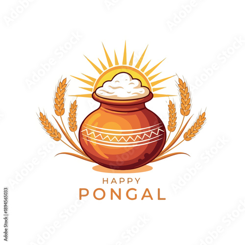 Illustration of a traditional earthen pot filled with rice, surrounded by wheat stalks and sun rays, with Happy Pongal text, on a white background.
