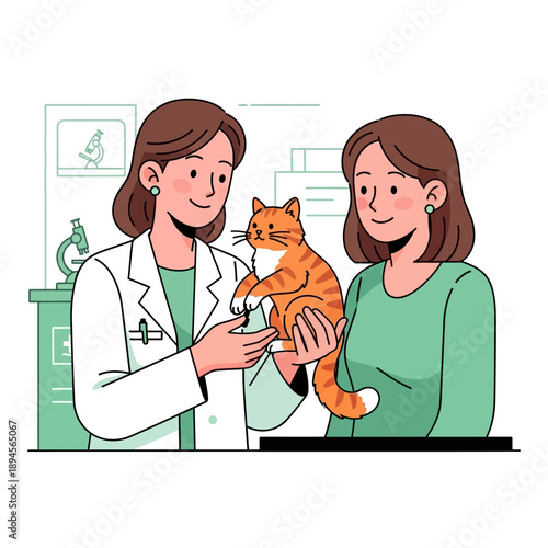 Veterinarian Examining Cat with Female Owner.